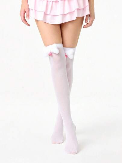 Kawaii 1 Pair Cute Furry Bone Over-The-Knee Socks, Lolita Bow & Bell Decor High Socks, Thin Elastic Sheer Tights For Daily Wear