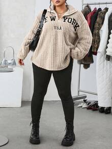 SHEIN EZwear 2 件套休闲字母印花拉链羊毛连帽衫和修身瑜伽裤，百搭大码，秋冬 - 卡其色 - 查看 3
