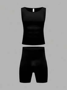 SHEIN 大码男士纯色圆领背心和短裤塑身衣套装
