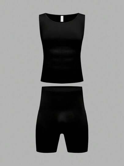 SHEIN 大码男士纯色圆领背心和短裤塑身衣套装