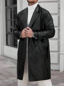 Manfinity CasualCool 男士纯色翻领长袖单排扣休闲 PU 皮革风衣，秋季 - 黑色 - 查看 6