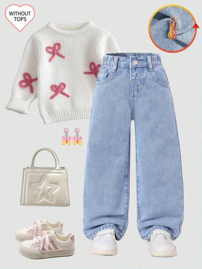 SHEIN Pantalones vaqueros de pata ancha de felpa para niñas pequeñas, recomendación de estilo escolar minimalista y casual que combina con todo. Tela vaquera cómoda de color azul claro lavado, cintura alta con pretina elástica, fácil de poner y quitar, diseño de pierna recta holgada para mayor comodidad. Adecuado para la escuela diaria, la temporada de regreso a clases, salidas de fin de semana y reuniones con amigos.