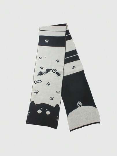 ROMWE Anime 1 件黑灰色拼接卡哇伊可爱猫爪 Y2K 朋克风格翅膀趣味表情复古条纹针织围巾，适合动漫、校园、休闲装、旅行等。