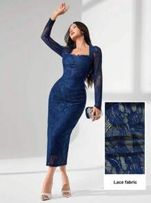 Modelyn Đầm midi tay dài cổ vuông phối ren ôm sát dành cho nữ - Xanh đậm - Xem 4