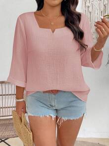 EMERY ROSE Camisa casual holgada de unicolor de manga 3/4 para mujer de talla grande - Rosa - Ver 4