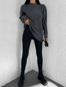 Cloudara Suéter De Hombros Caídos Con Cuello Alto De Color Liso - Gris - Ver 5