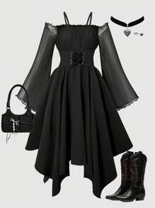 SHEIN Vestito elegante a maniche lunghe per ragazze pre-adolescenti, con patchwork in pizzo e rete, di colore unito, per Ognissanti