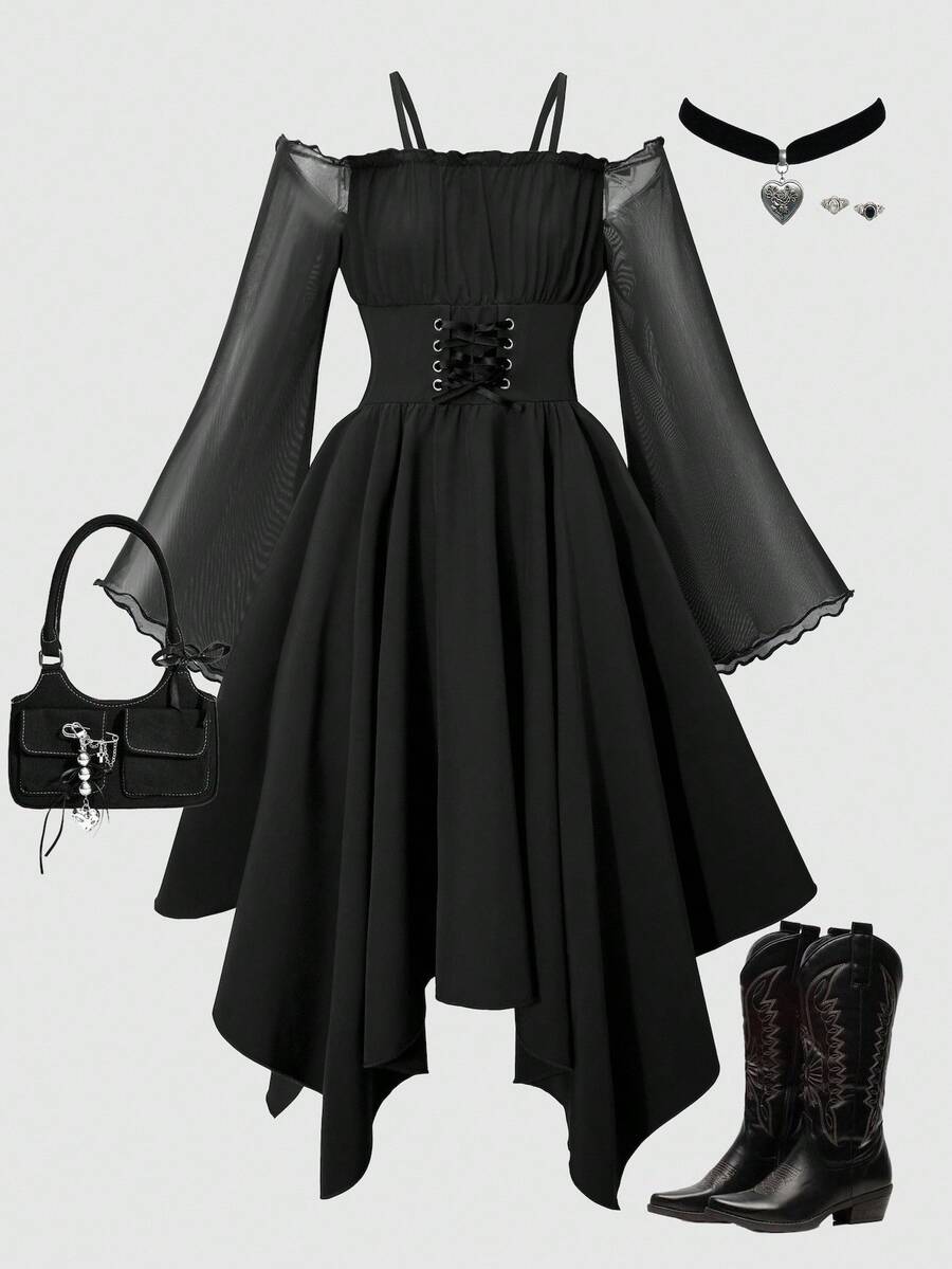 SHEIN Vestito elegante a maniche lunghe per ragazze pre-adolescenti, con patchwork in pizzo e rete, di colore unito, per Ognissanti