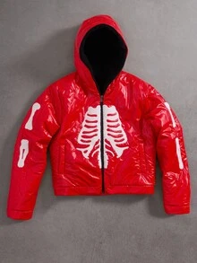 Manfinity EMRG Men's Winter Red And White Skeleton Jacket,Skull Towel Embroidery Thermal Lined Warm Coat,Streetwear Holiday Y2K Fashion,Anime Zip Up Fall Outerwear - Red - View 1