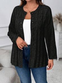 Cárdigan de punto de cable de un solo botonadura para mujer de talla grande, unicolor casual y versátil para otoño/invierno - Gris Oscuro - Ver 1
