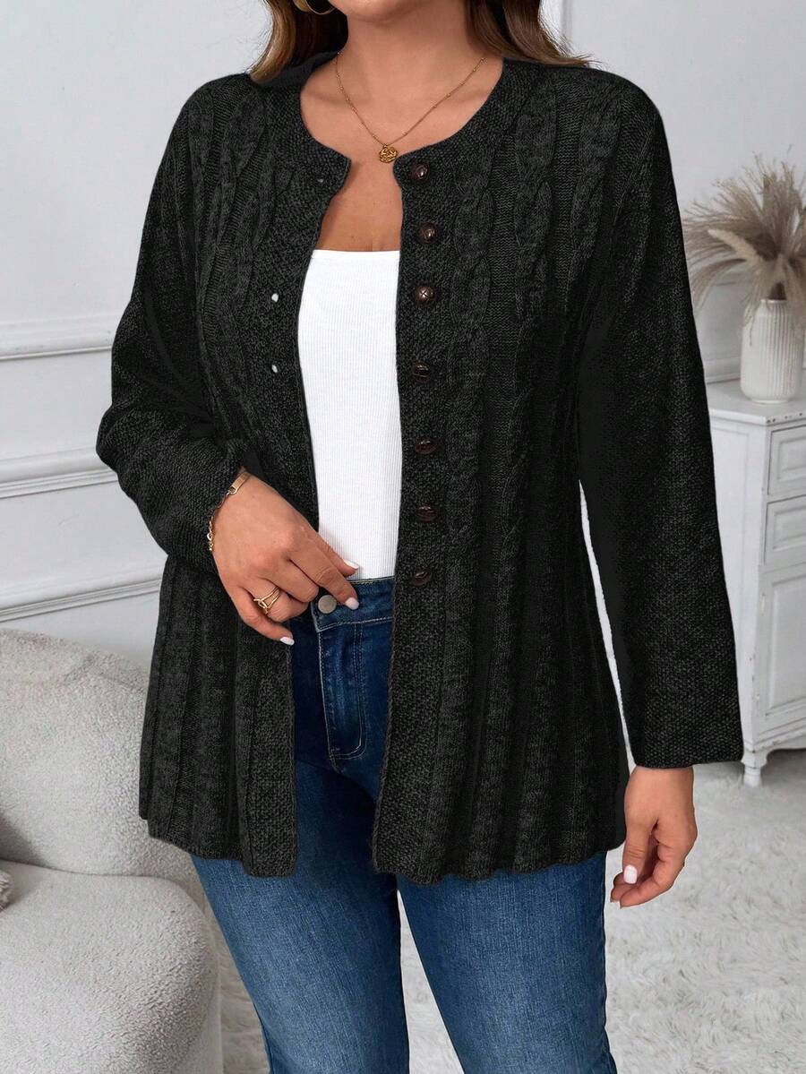 Cárdigan de punto de cable de un solo botonadura para mujer de talla grande, unicolor casual y versátil para otoño/invierno - Gris Oscuro - Ver 1