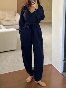 DAZY Solid Color Cinched Waist Jumpsuit For Women, Loungewear, Fall Pajama - Navy Blue - View 3