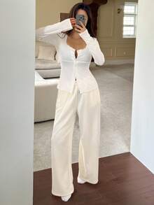 DAZY 提花针织上衣和纯色睡裤女士睡衣套装，秋季服装 - 白色 - 查看 6