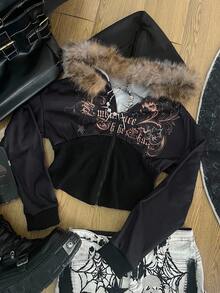 青少年秋冬连帽卫衣外套，毛茸茸的装饰连帽，胸前饰有水钻的复古印花，兼具柔软和凉爽，秋冬必备外套 - 黑色 - 查看 8