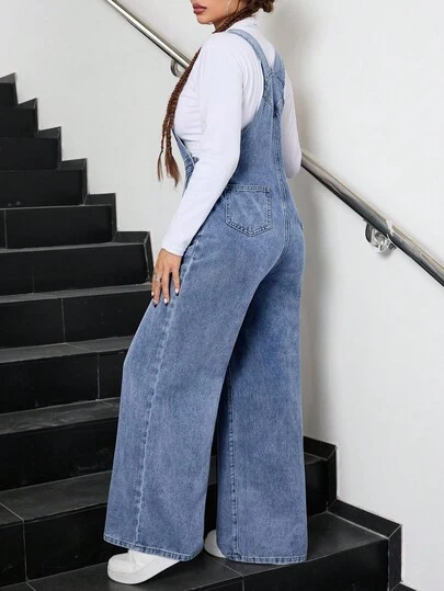 SHEIN Teen Girls Fashion Casual Y2k Vintage Cool Street Returns To School College Pocket Design Blue Denim Overalls For Teen Girl Clothes Teen Girls Soft Dailywear And Teen Girl Winter And Fall Rave Outfits Festival And Outfits Streetwear School Clothes Teen Overalls Wide Leg Denim Overalls