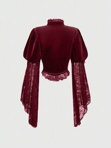ROMWE Goth 女士优雅立领喇叭袖天鹅绒蕾丝拼布衬衫 - 酒紅色 - 查看 3
