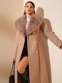 SHEIN Cottnline معطف طويل بياقة من الفرو الصناعي وجيوب وأزرار، معطف شتوي فاخر أنيق بصفين من الأزرار على الطراز الفرنسي الكلاسيكي - بيج - مشاهدة 4