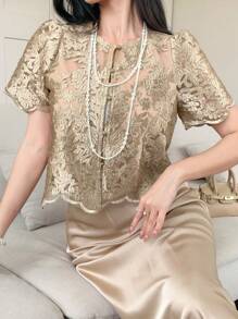 DAZY 1pc Women Lace Short Sleeve Round Neck Single Breasted Elegant Blouse - Mustard Yellow - View 1