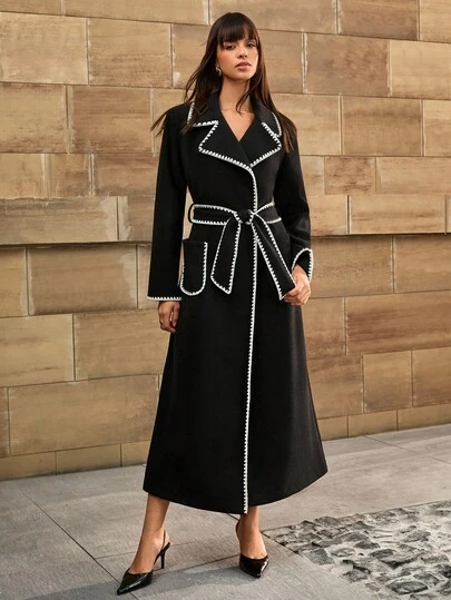 CLARA VERO Contrast Color Trim Belted Pocket Elegant Long Sleeve Winter Jacket