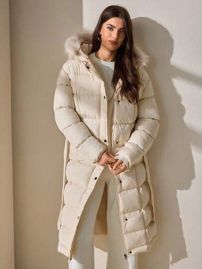 CLARA VERO Women's Beige Belted Padded Coat With Faux Fur Hood, Long Sleeve Quilted Winter Jacket