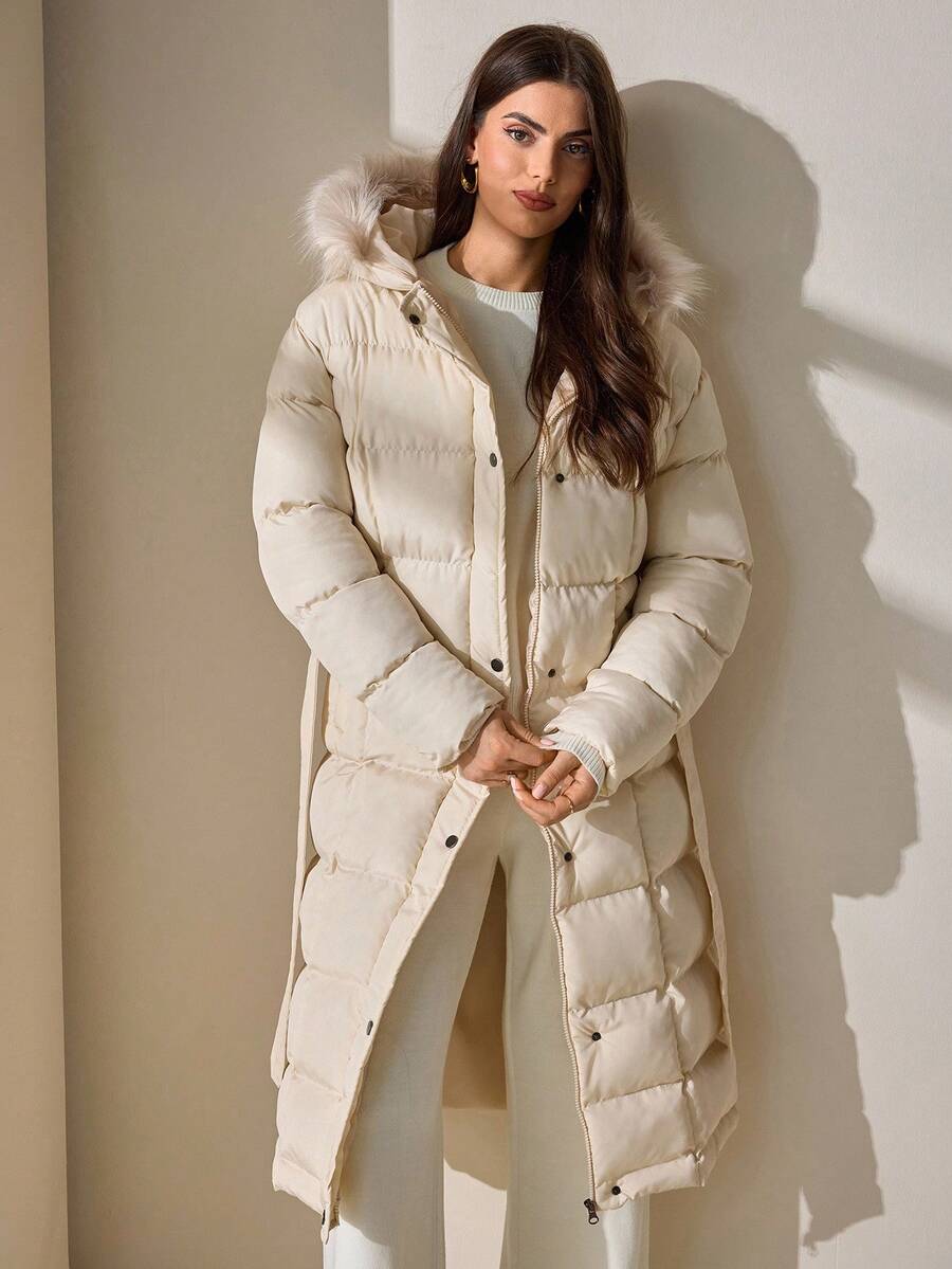 CLARA VERO Women's Beige Belted Padded Coat With Faux Fur Hood, Long Sleeve Quilted Winter Jacket - Beige - View 1