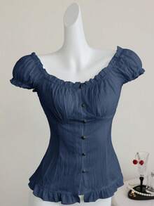 SHEIN Unity 白色性感单肩泡泡袖荷叶边修身衬衫，显瘦，适合春夏度假穿着