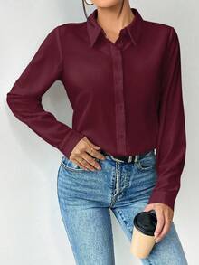 EMERY ROSE Women's Solid Color Long Sleeve Single-Breasted Casual/Work Shirt Fall Cloth For Women, Christmas - Burgundy - View 3
