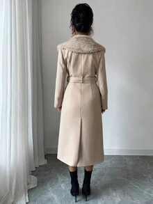 Elenzga 女式优雅狐狸装饰收腰长袖外套，秋冬 - 咖啡棕 - 查看 3
