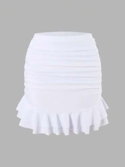 Swim Mod Women's Solid Color Ruched Ruffle Hem Skirt Bikini Bottom For Summer Beach Vacation
