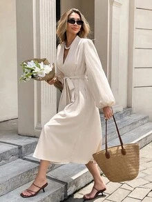 SHEIN Frenchy Damen Einfarbiges V-Ausschnitt elegantes Langarm Midi-Kleid