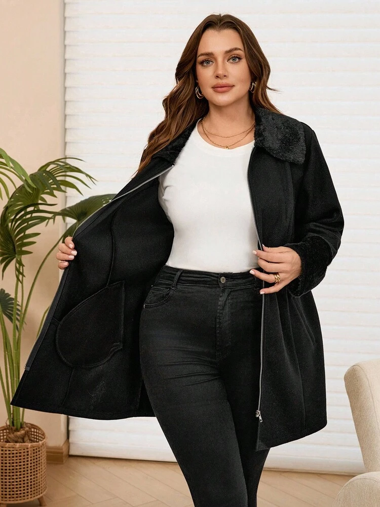 Plus Size Women Solid Color Patchwork Faux Fur Collar Long Sleeve Zipper Front Casual Winter Overcoat, Autumn/Winter, New,