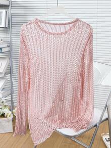 Manfinity Roghcode Men's Solid Color Round Neck Long Sleeve Hollow Out Loose Knit Sweater, Autumn Beach Dusty Pink Casual - Pink - View 2