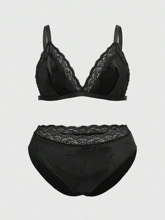 Goth Set di reggiseno e slip in pizzo e velluto, taglie comode, stile gotico
