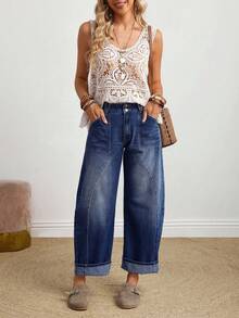 EMERY ROSE 女式口袋喇叭休闲宽松牛仔裤 - 深色水洗藍 - 查看 7