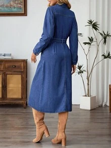 EMERY ROSE Women's Blue Long Sleeve Half-Placket Fashionable Versatile Denim Dress