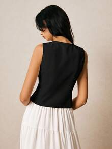 Poéselle Blusa sin mangas de cuello redondo con botones frontales de unicolor para mujer