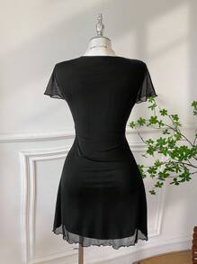 Comfortcana 加大码 V 领蕾丝拼接黑色休闲连衣裙，春/秋季，婚礼宾客礼服女装，秋季，返校节，外出，约会，婚礼宾客礼服 - 黑與白 - 查看 3