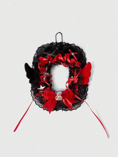 Anime Estuche de tarjetas de moda casual con encaje rojo, lazo, cadena, cruz, osito, estrella, alas de encaje y colgante, multiusos para tarjeta de identificación, fotos, etc.