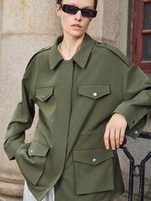 Lumivelle Business Casual Woman Fall Women Clothes Women's Solid Color Utility Pocket Drop Shoulder Cinched Waist Regular Jacket Casual Outfits Spring Clothes For University - Army Green - View 6