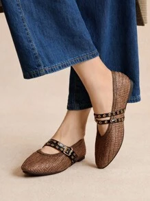 Rosivie 2025年手工编织小众时尚女鞋，新款双扣芭蕾平底鞋 - 咖啡棕 - 查看 7