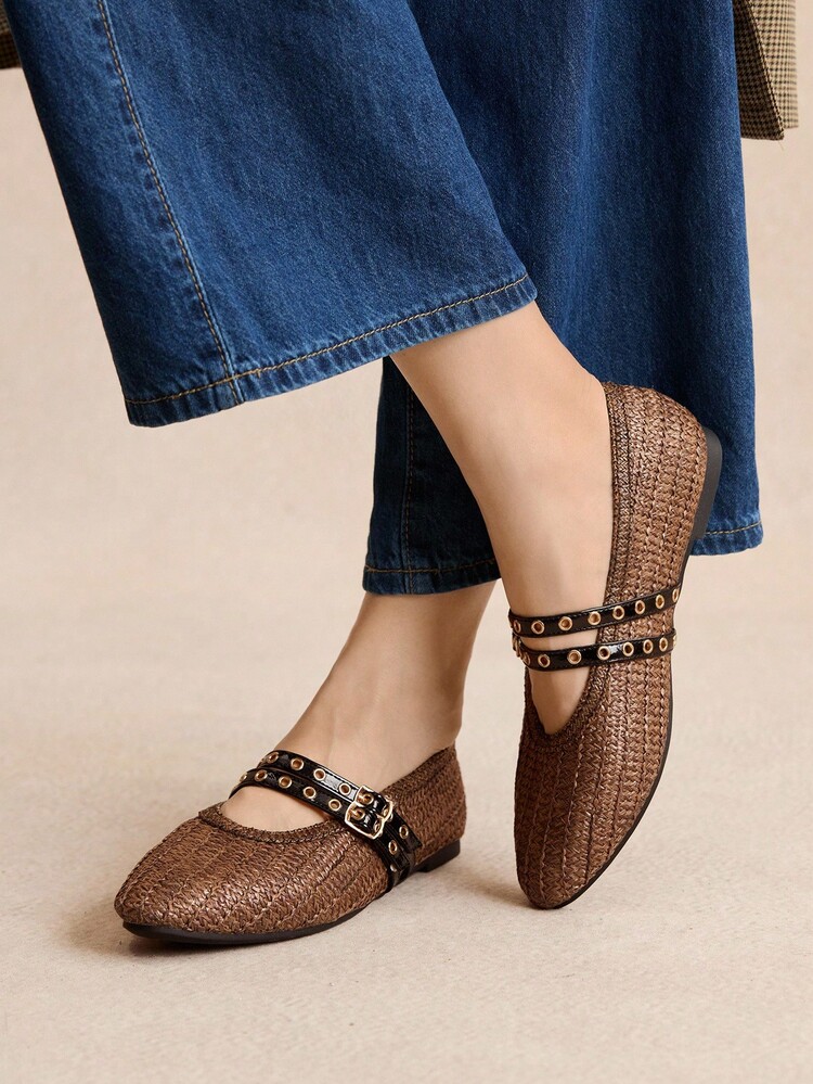 Rosivie 2025年手工编织小众时尚女鞋，新款双扣芭蕾平底鞋 - 咖啡棕 - 查看 7