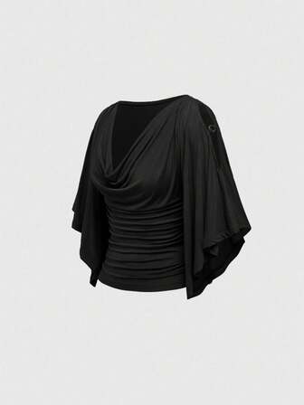 Hippie Vintage Loose Wooden Bead Decor Scoop Neck Cinched Waist Batwing Sleeve Plus Size Women T-Shirt