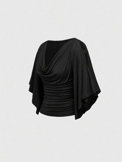 Hippie Vintage Loose Wooden Bead Decor Scoop Neck Cinched Waist Batwing Sleeve Plus Size Women T-Shirt