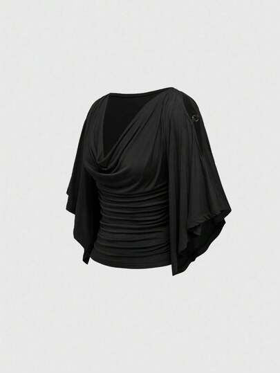 ROMWE Hippie Spring/Summer PVintage Loose Wooden Bead Decor Scoop Neck Cinched Waist Batwing Sleeve Plus Size Women T-Shirt Valentine's Day