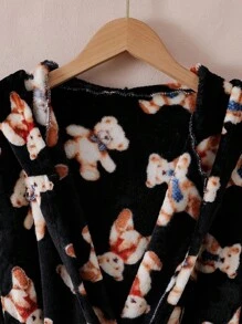 女式黑色简约可爱熊图案长袖长连帽睡袍睡衣夹克 - 黑色 - 查看 10