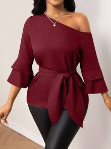 SHEIN Unity Denim Effect Asymmetric Collar Ruffle Sleeve Tie Front Shirt - Red - View 7