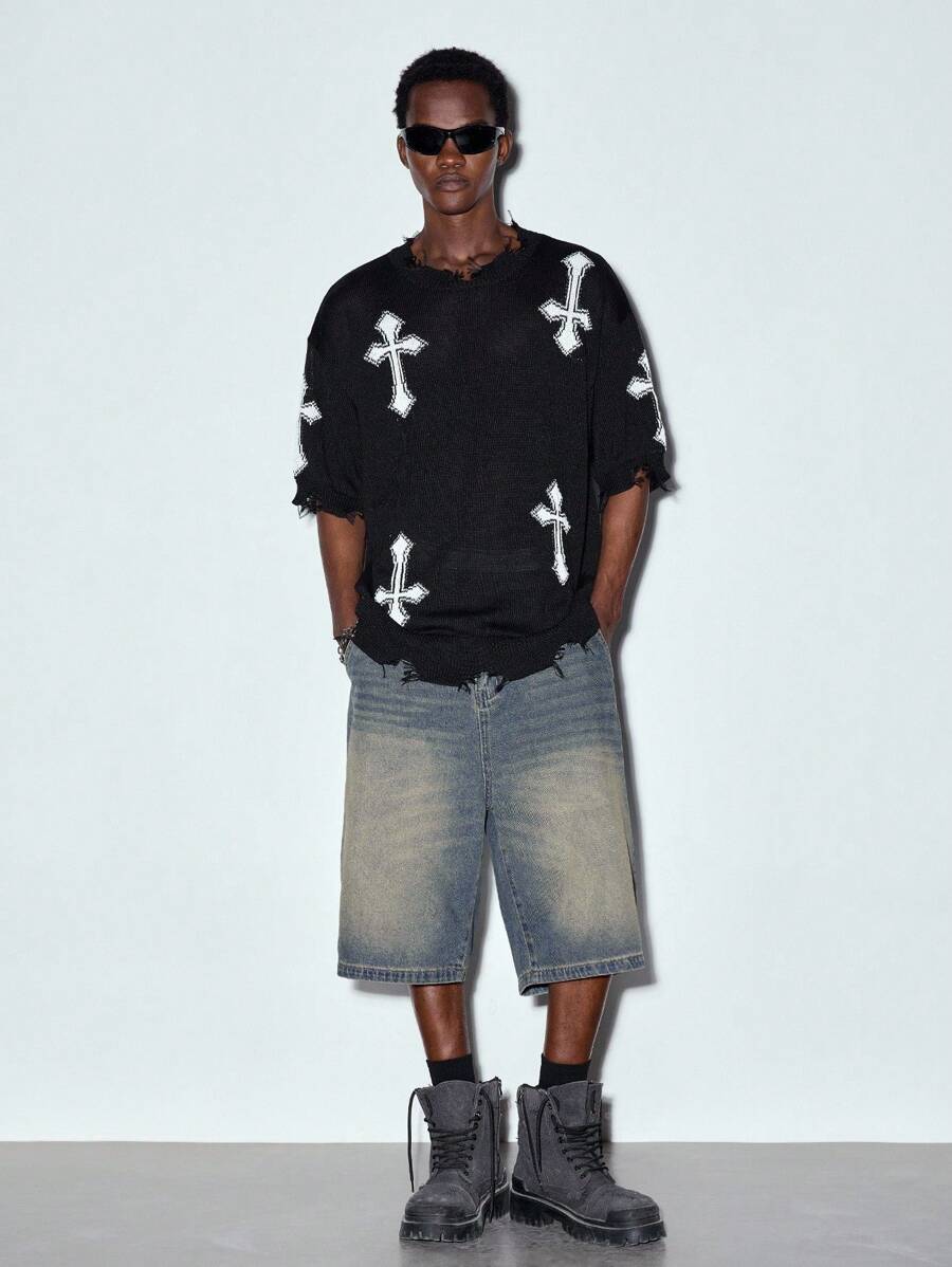 Modcrash Sudadera holgada y desgastada con estampado de cruz, de manga corta, unisex, para uso casual, streetwear, de primavera a verano - Negro - Ver 1