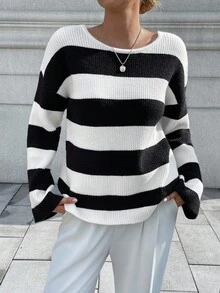 Chiquease Women's French Street Style Contrast Color Striped Bow Back Knit Sweater, Early Autumn - Black and White - View 3