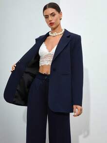 EURMUSE Conjunto de terno elegante feminino azul marinho com botões frontais e detalhes de pernas largas - Azul marinho - Ver 8