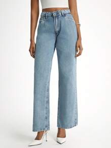 Daynim Women Slant Pocket Solid Color Baggy Jeans - Medium Wash - View 5